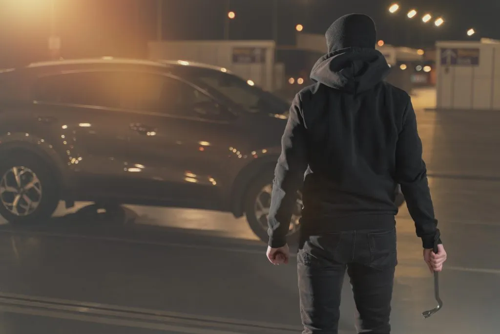 An image of a man seen from behind, holding an object while facing a car.