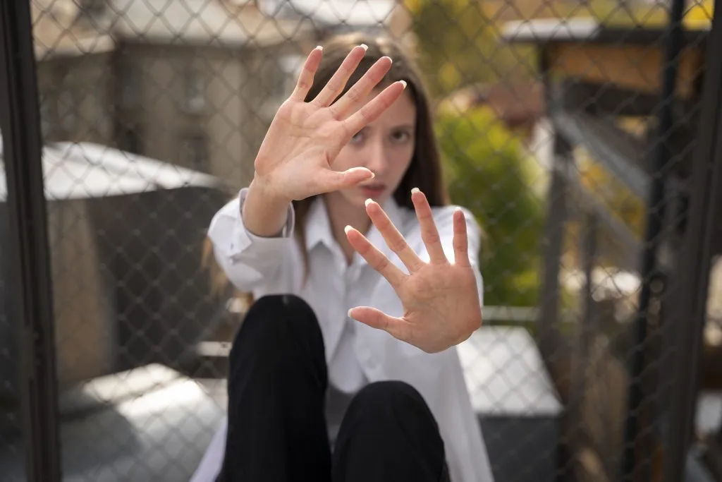 An image of a woman suffering from bullying, raising her hand to block or protect herself.